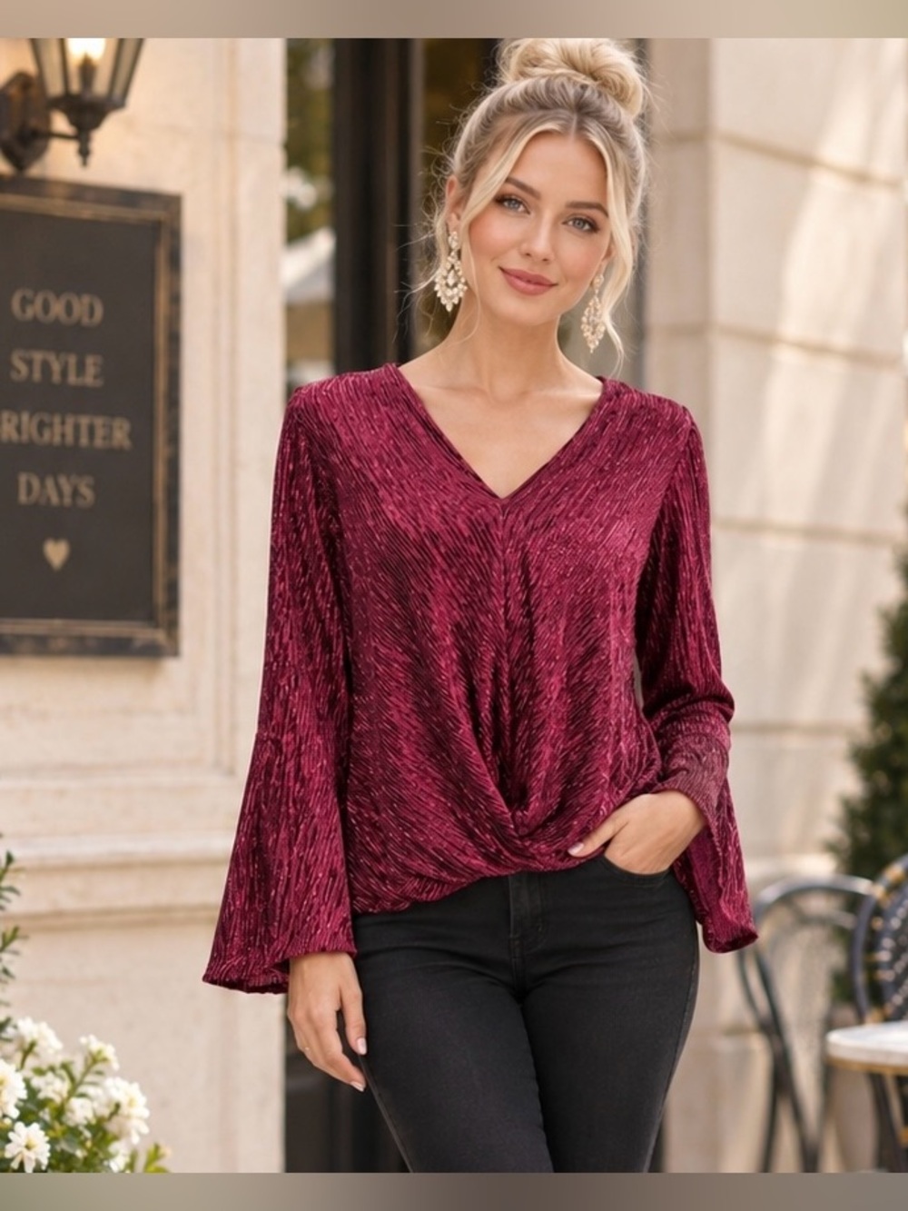 Chenault Burgundy Metallic Shimmer Twist Front Blouse M V-Neck Bell Sleeve